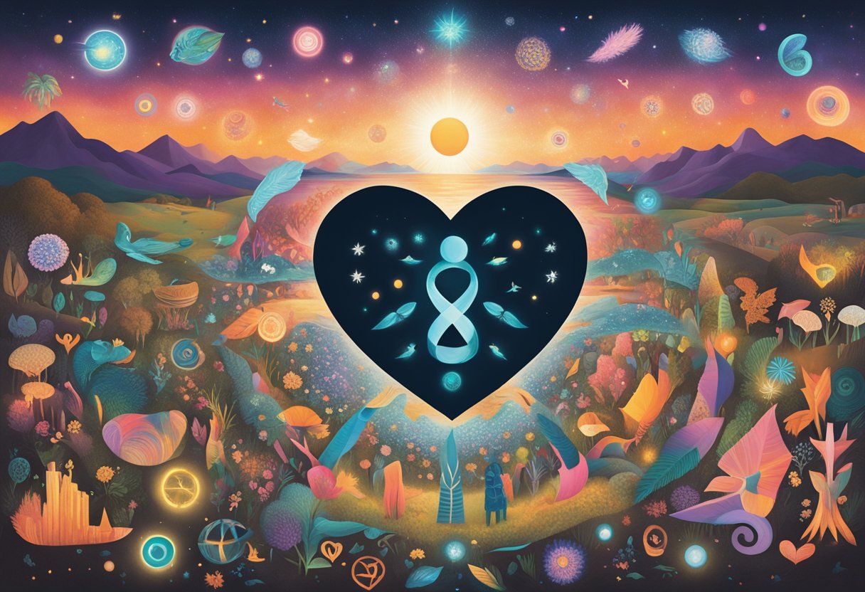A circle of diverse symbols surrounds a glowing heart, representing community and support for cancer thrivers' unique experiences