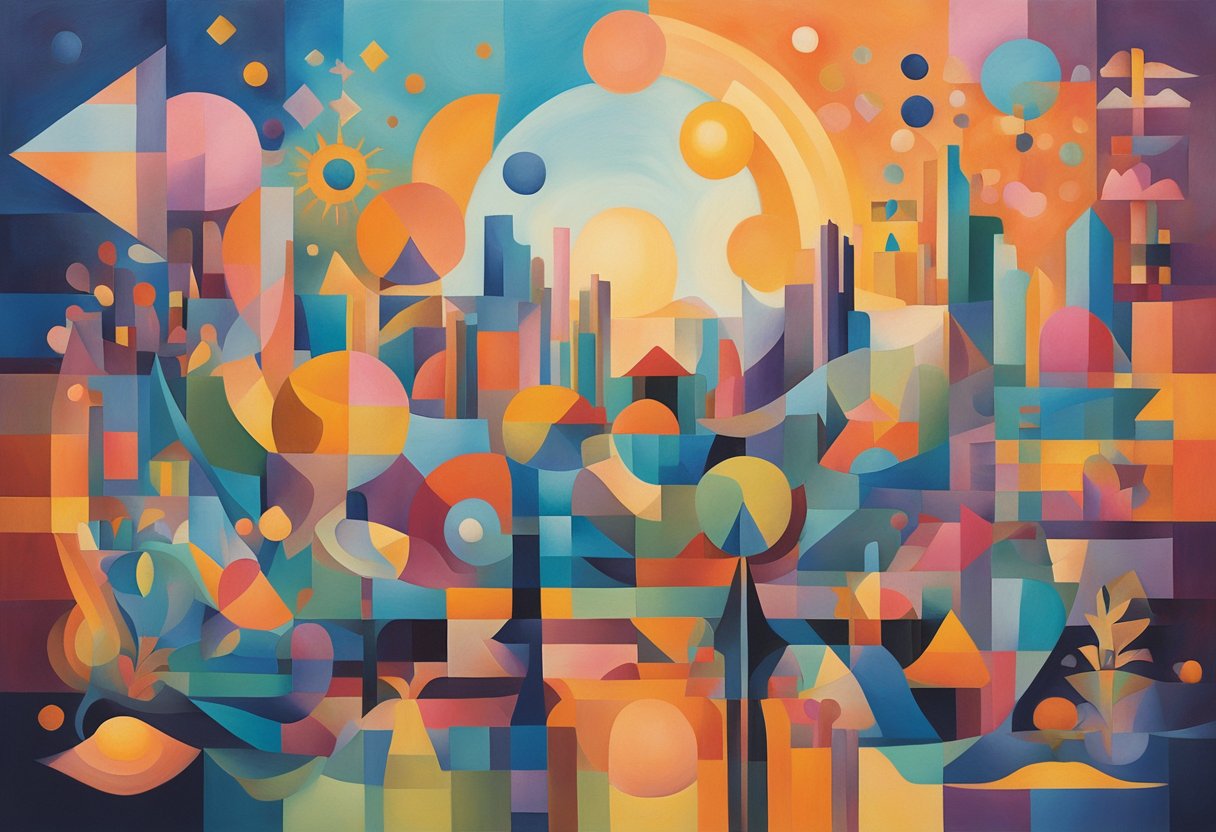 A colorful palette of abstract shapes and symbols representing resilience and healing, surrounded by a warm, embracing light