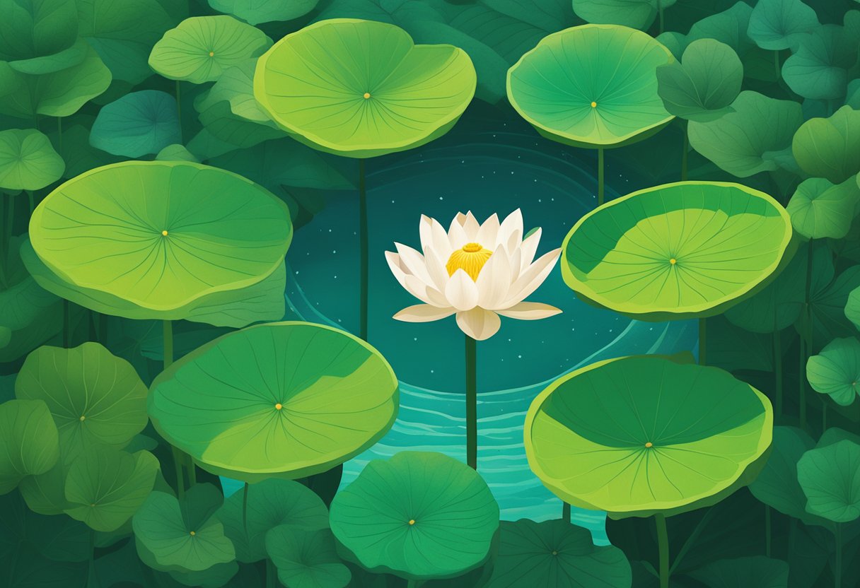 A serene lotus flower blooming amidst a backdrop of vibrant green leaves, symbolizing the validation of self-compassion for a cancer thriver
