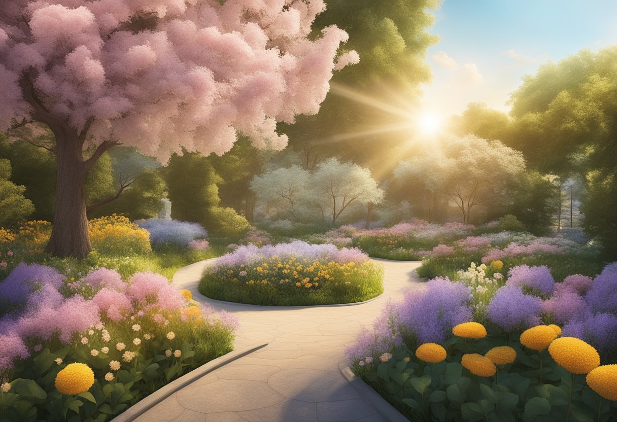 A serene garden with blooming flowers, a gentle breeze, and a warm sun, creating a peaceful and comforting atmosphere for self-reflection and self-compassion