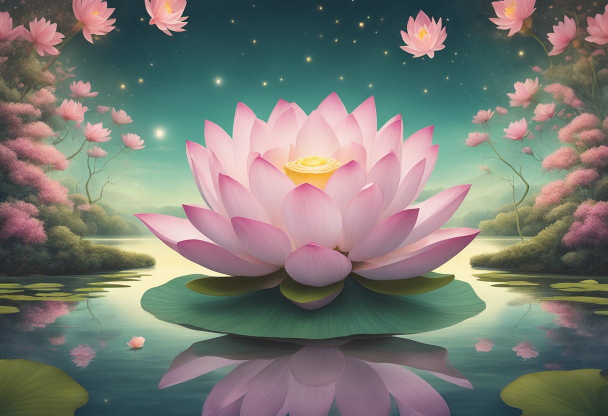 A serene garden with a blooming lotus flower, symbolizing self-compassion and resilience in the face of cancer