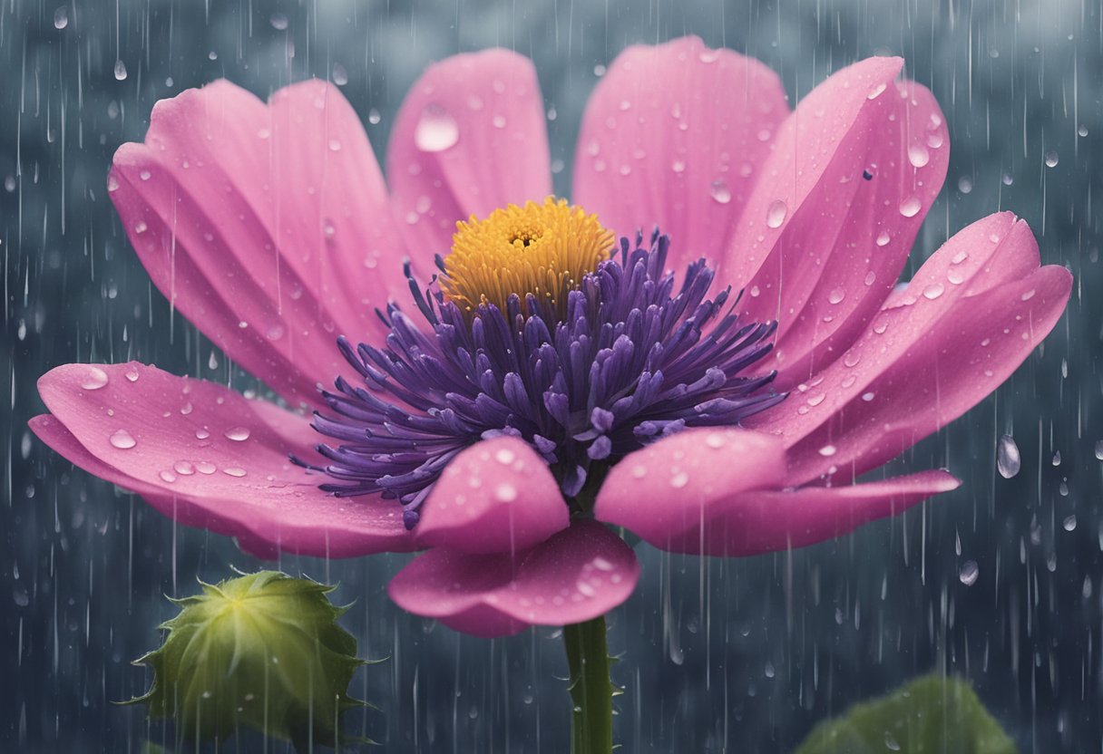 A blooming flower stands tall, surrounded by gentle rain. It embodies self-validation and forgiveness, symbolizing a cancer thriver's resilience