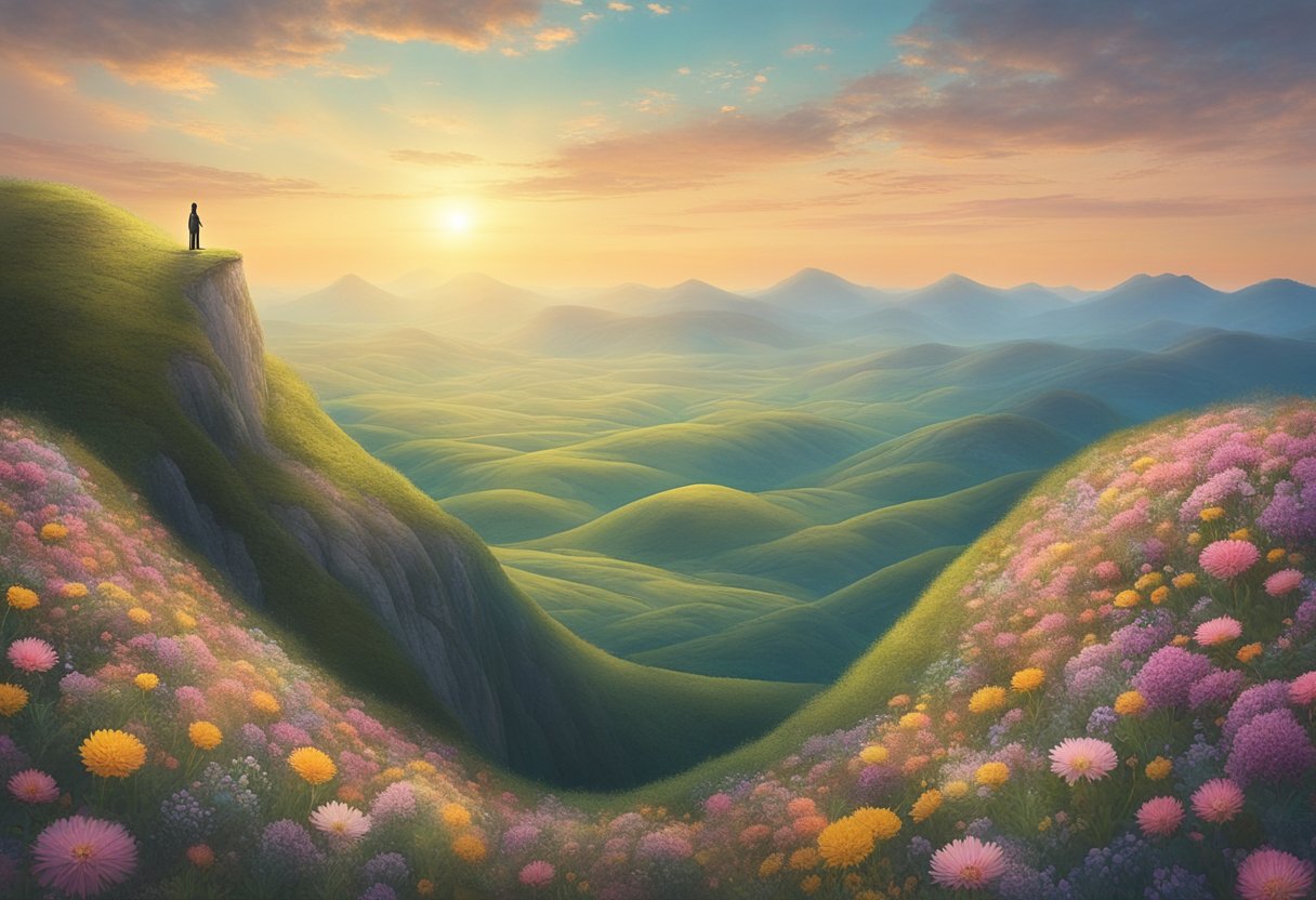 A lone figure stands atop a mountain, arms outstretched, facing the sunrise. The landscape below is filled with blooming flowers and winding paths, symbolizing the journey of self-validation and forgiveness for a cancer thriver