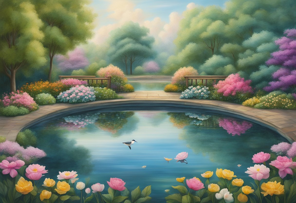 A serene garden with blooming flowers and a peaceful pond, symbolizing self-validation and forgiveness for a cancer thriver