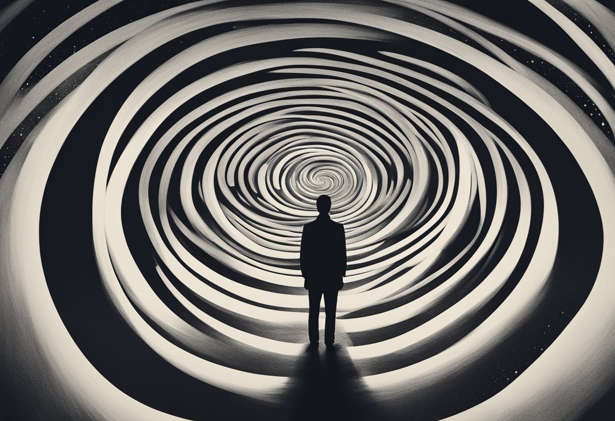 A person standing alone, surrounded by swirling emotions. A path of forgiveness and self-validation leads towards a bright future