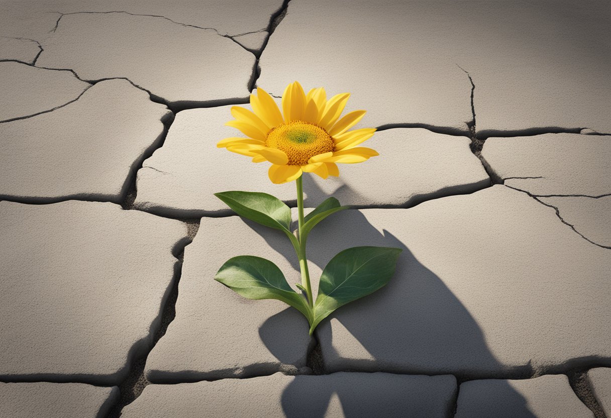 A blooming flower growing through cracks in concrete, symbolizing personal growth and resilience. A radiant sun shining down, representing self-validation and forgiveness. A ribbon symbolizing cancer thriver, fluttering in the wind