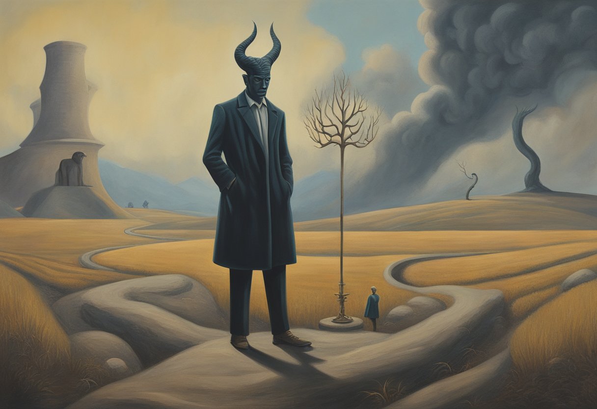 A figure confidently stands tall, arms crossed, with a determined expression. A devil's advocate lurks in the background, while a symbol of cancer thriver is subtly woven into the scene