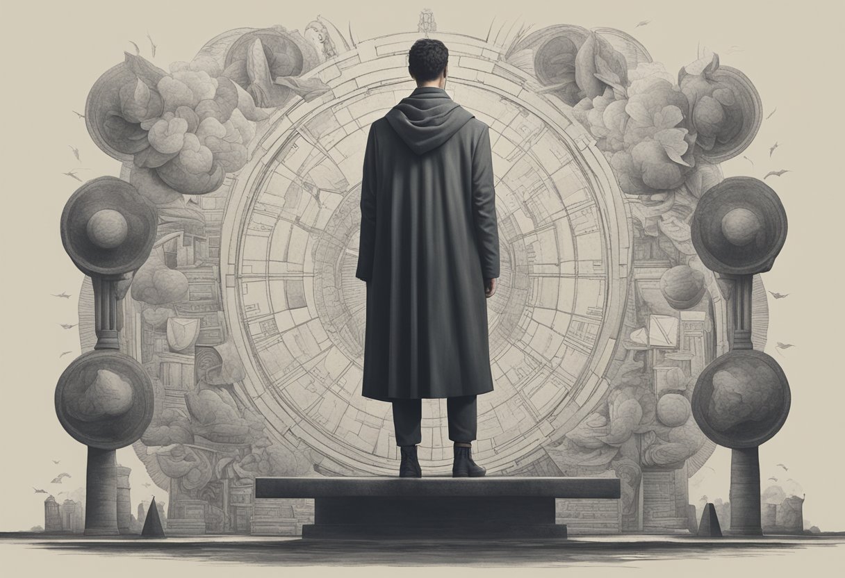 A person standing confidently, with a strong posture and a determined expression, surrounded by symbols of inner strength and resilience