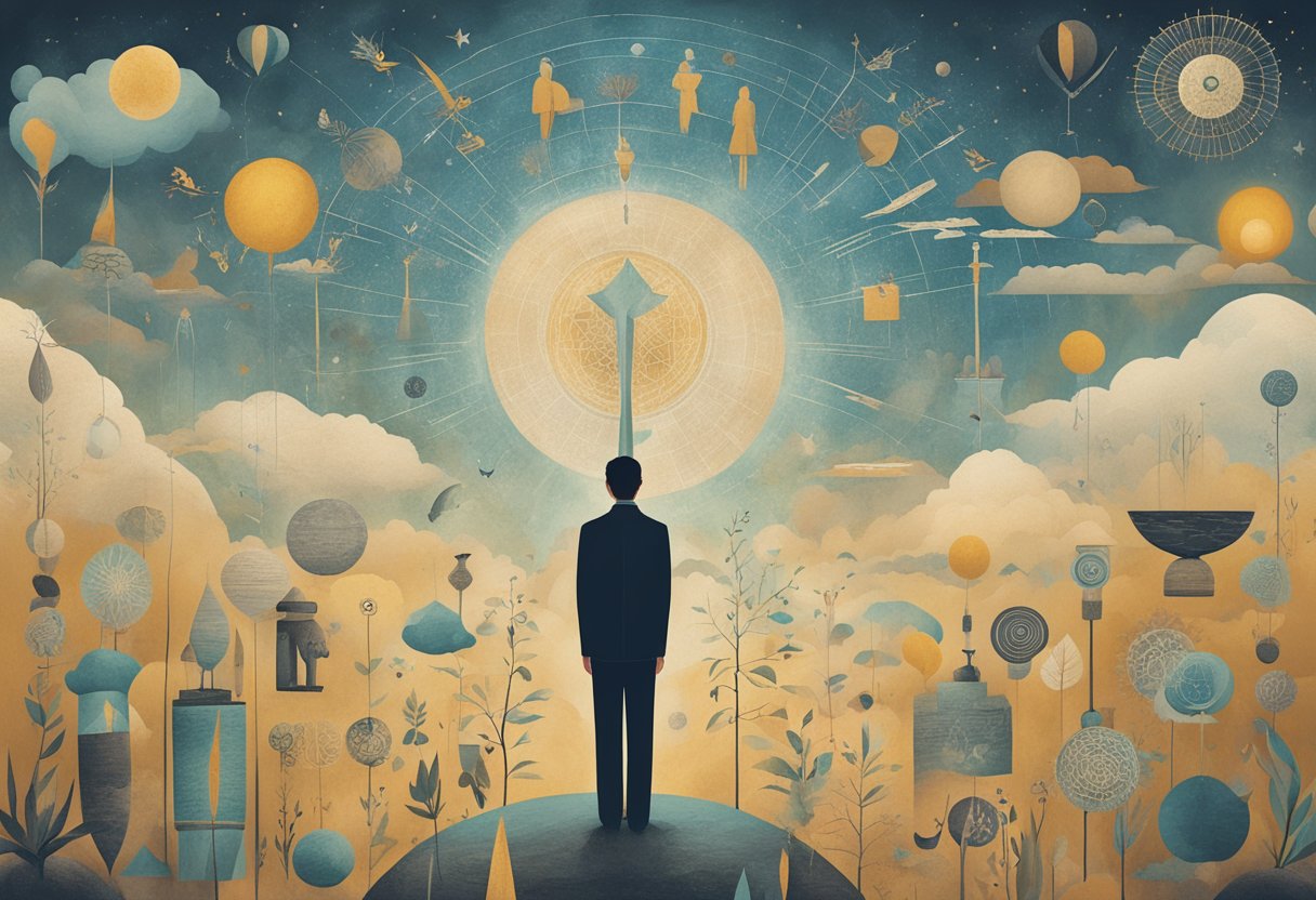 A person standing tall, surrounded by supportive symbols and affirmations, radiating confidence and resilience