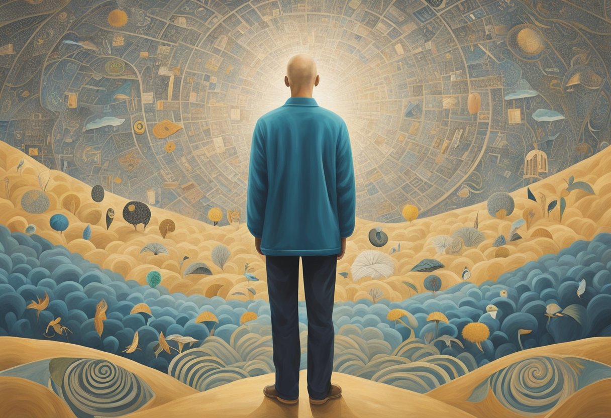 A person stands confidently, surrounded by supportive words and symbols of strength. They radiate self-acceptance and resilience as they navigate their journey as a cancer thriver