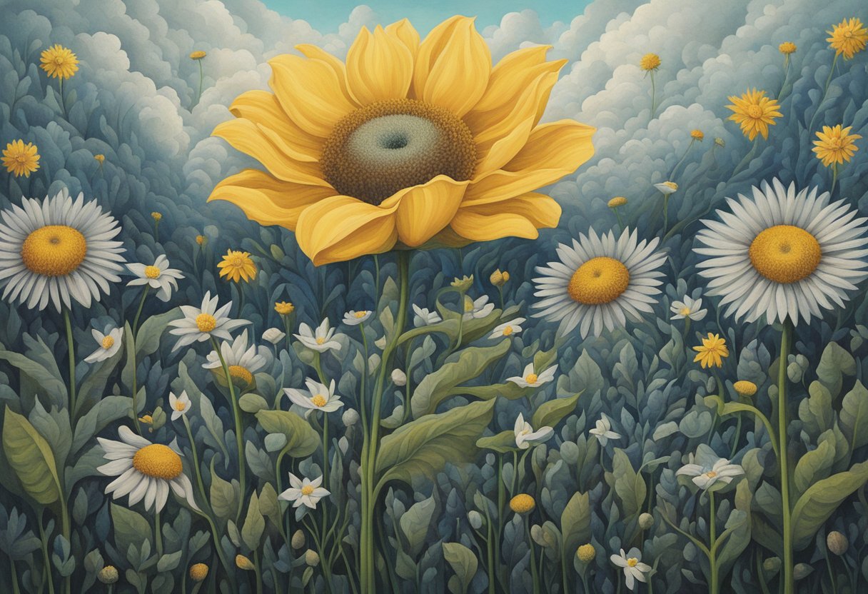 A blooming flower standing tall amidst a field of withering plants, radiating strength and resilience