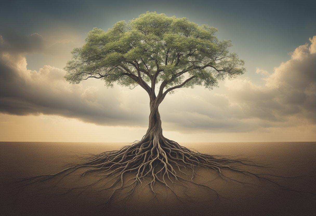 A lone tree stands tall, roots anchored in the earth, branches reaching towards the sky, symbolizing self-validation and resilience in the face of adversity