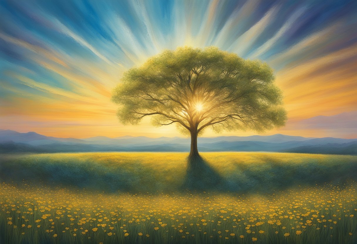A lone tree stands tall amidst a field of wildflowers, symbolizing strength and resilience. The sun shines brightly, casting a warm and hopeful glow over the serene landscape