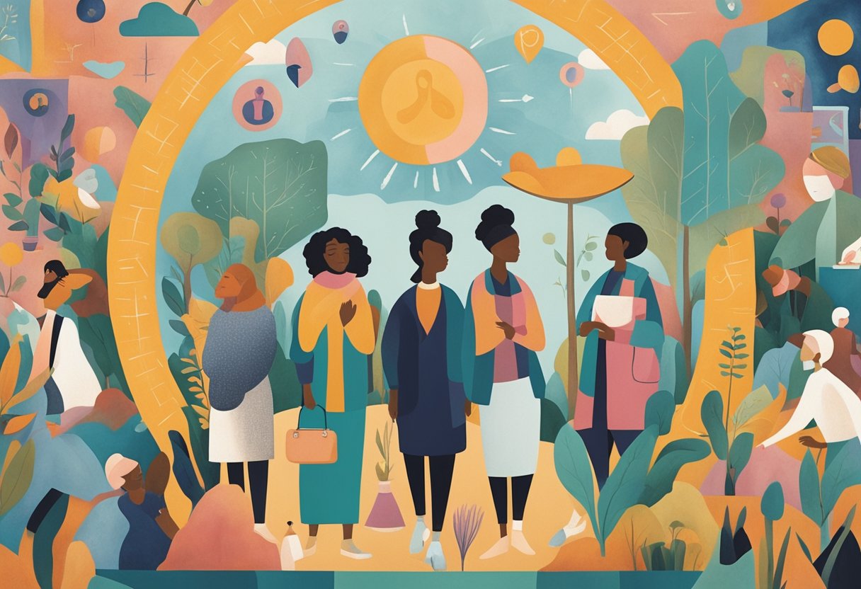 A diverse group of people gather in a supportive healthcare setting, surrounded by symbols of community and self-discovery. The atmosphere is validating and empowering, representing cancer survivorship