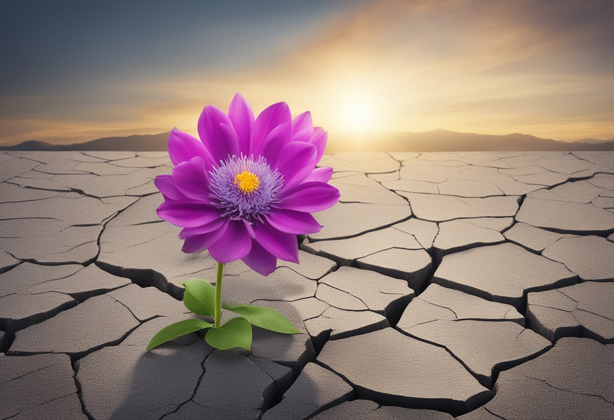 A blooming flower emerging from a cracked, resilient surface, symbolizing self-discovery and triumph over cancer survivorship