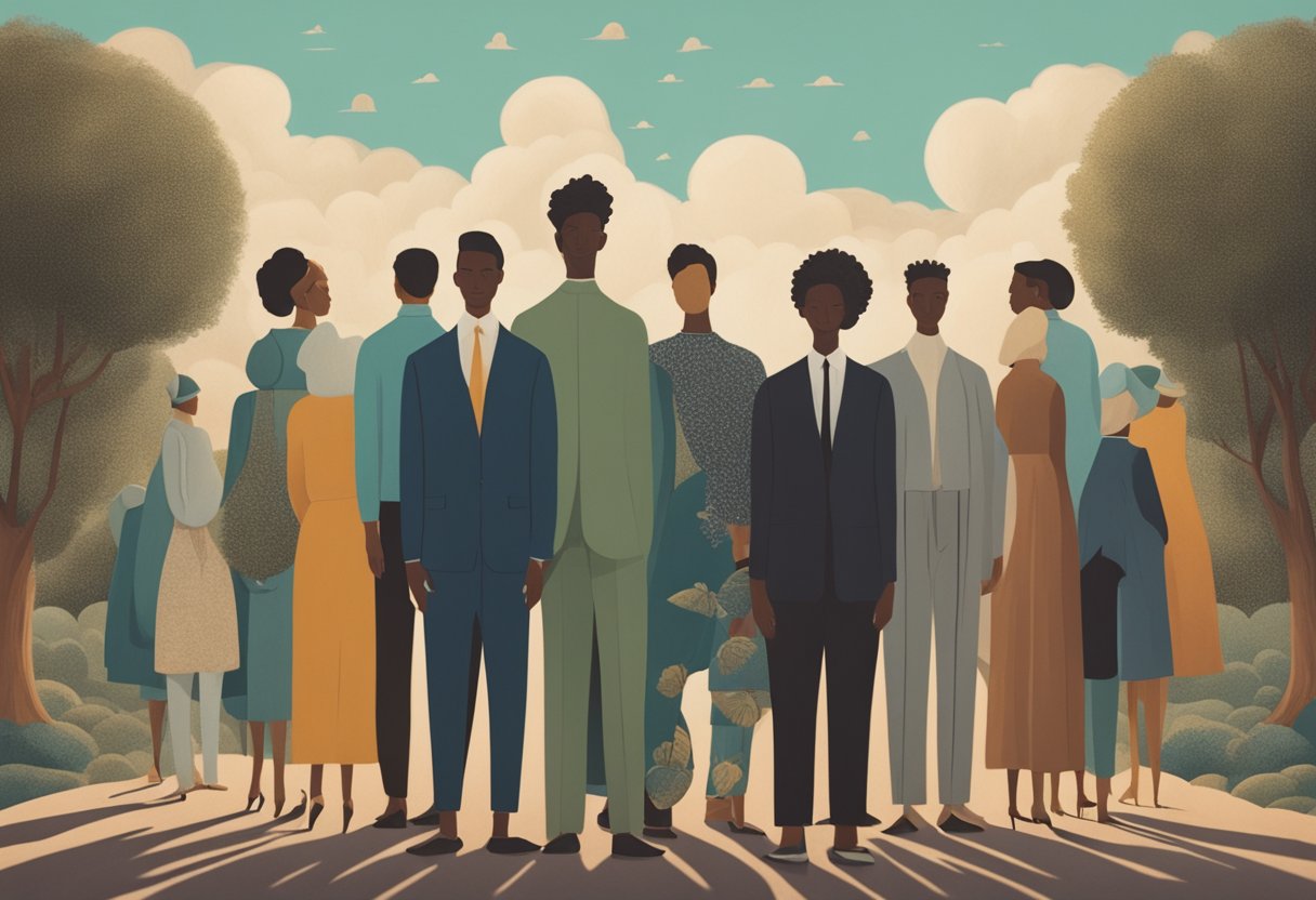 A person standing confidently, surrounded by supportive friends, expressing self-love and authenticity