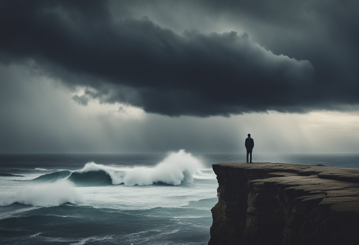 A person standing on a cliff, looking out at a vast, stormy sea, with dark clouds and crashing waves, representing the emotional turmoil of cancer