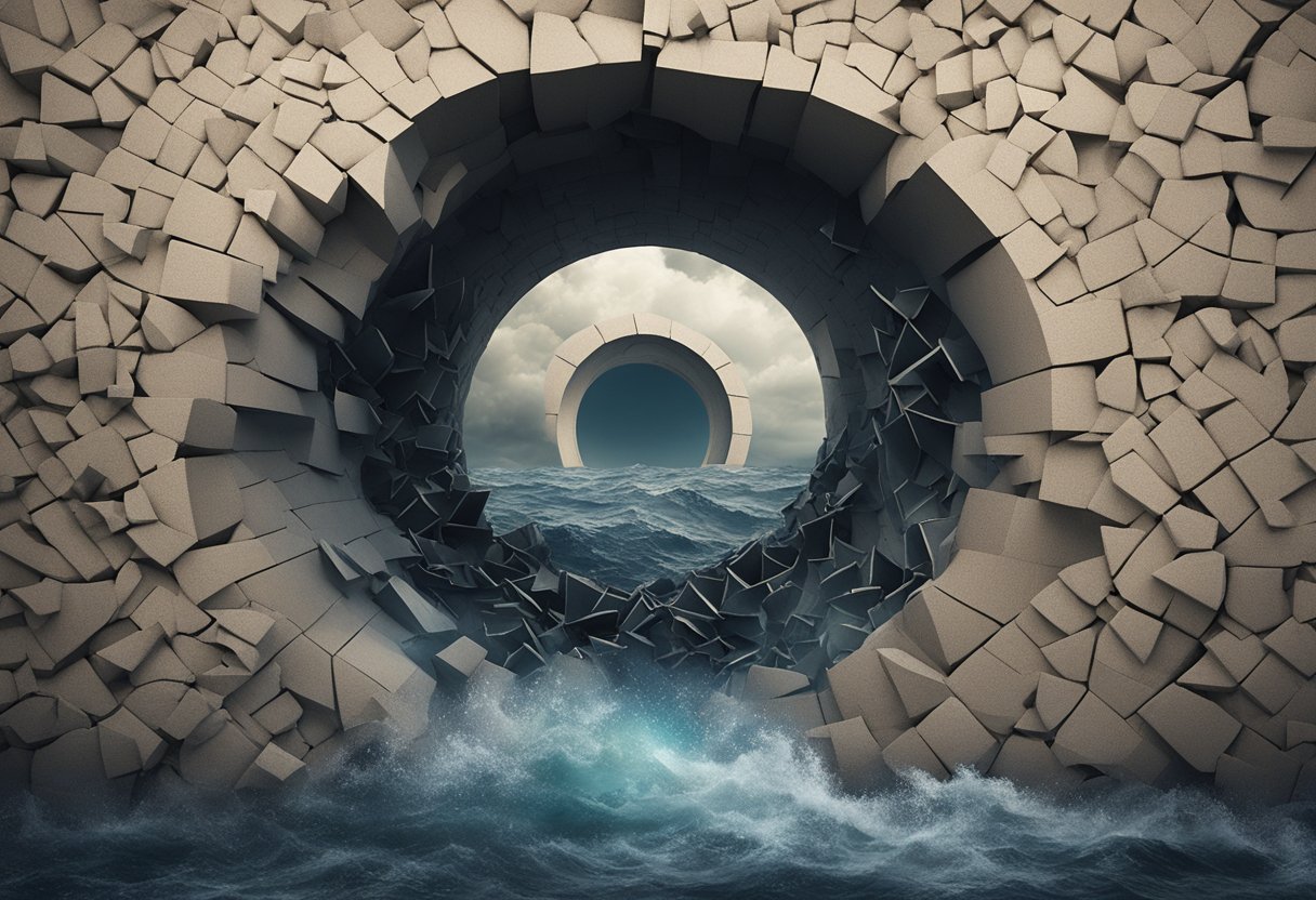 A cancer thriver breaking through boundaries, symbolized by a shattered wall or barrier