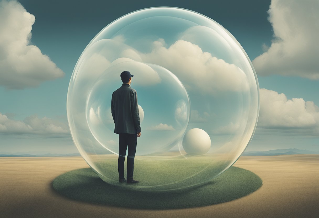 A person standing tall, surrounded by a protective bubble, with a clear boundary separating them from outside influences
