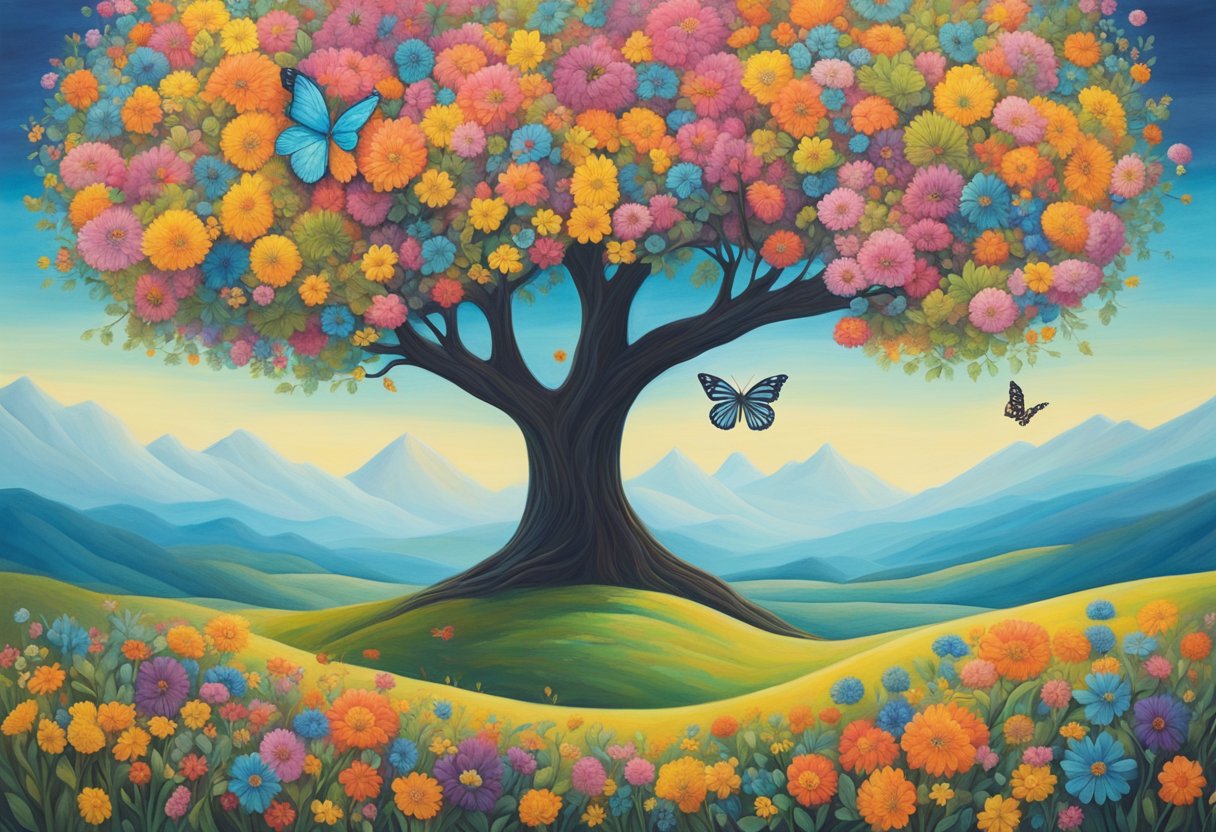 A vibrant tree growing tall amidst a field of flowers, symbolizing personal growth and empowerment. A ribbon weaves through the branches, representing boundaries, while a butterfly flutters nearby, signifying the resilience of a cancer thriver