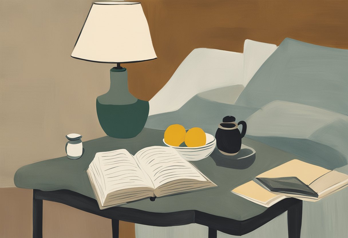 A serene bedroom with dimmed lights, a calming color palette, and a tidy, uncluttered space. A warm cup of herbal tea sits on the nightstand next to a journal and a soothing essential oil diffuser