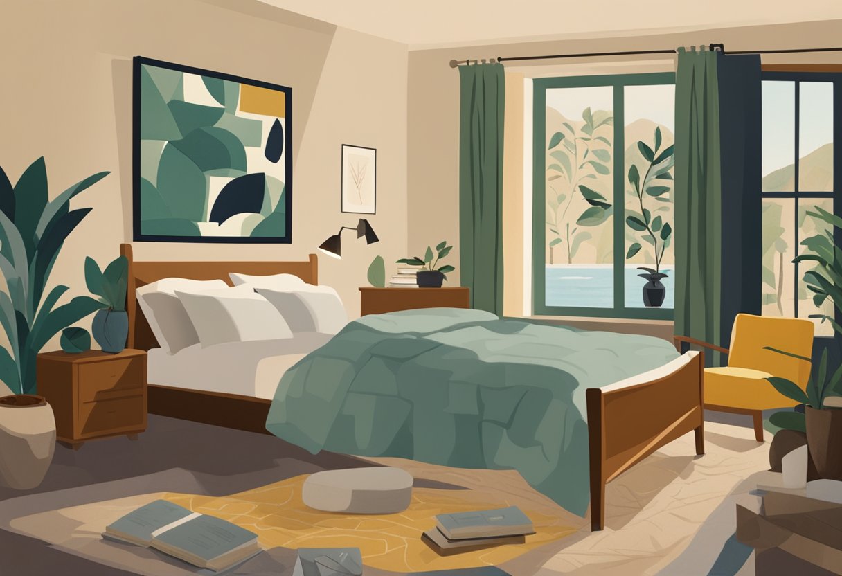 A serene bedroom with dim lighting, a cozy bed, and a bookshelf filled with self-help books. A soothing essential oil diffuser fills the air with a calming scent