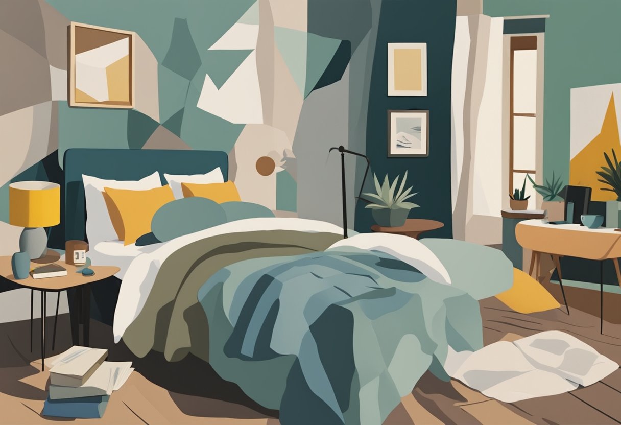 A cozy bedroom with a calming color palette, a comfortable bed with soft pillows, a bedside table with a book on sleep hygiene, and a calendar with scheduled professional support sessions