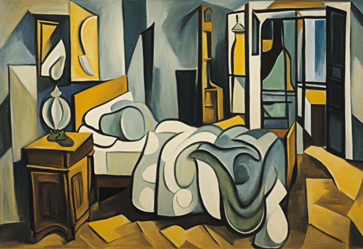 A serene bedroom with dim lighting, a cozy bed with soft pillows and blankets, a bedside table with a book and a glass of water, and a peaceful atmosphere conducive to relaxation and sleep