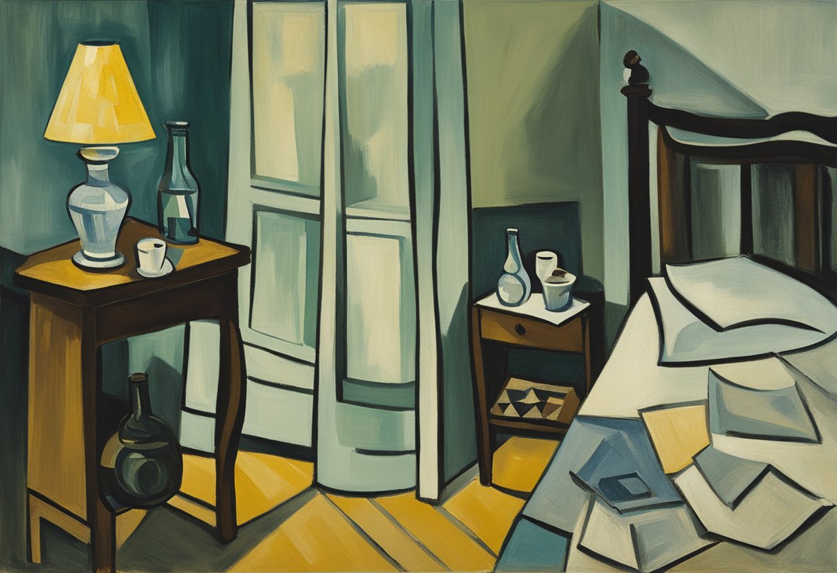 A peaceful bedroom with a dimly lit nightstand holding a glass of water and a bottle of sleep aids. A book on sleep hygiene sits nearby