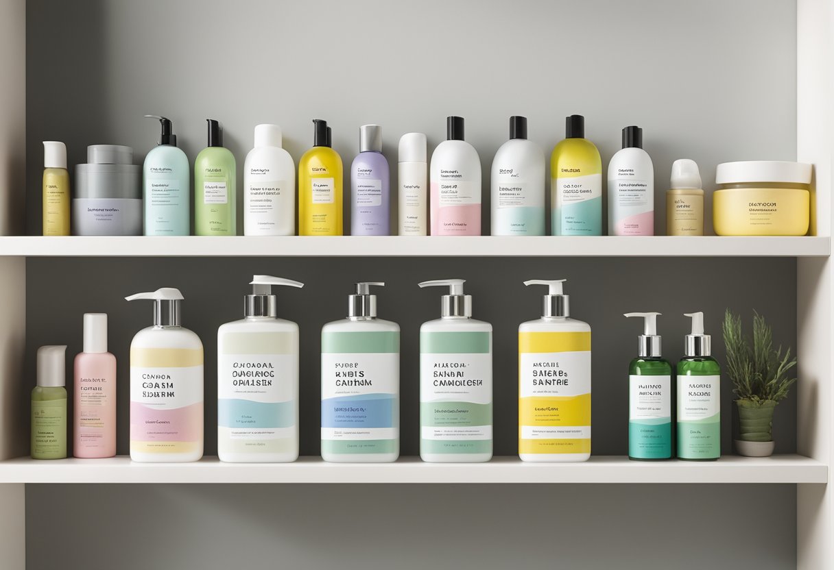 A clean, modern bathroom shelf filled with toxin-free personal care products. Labels emphasize cancer-free living