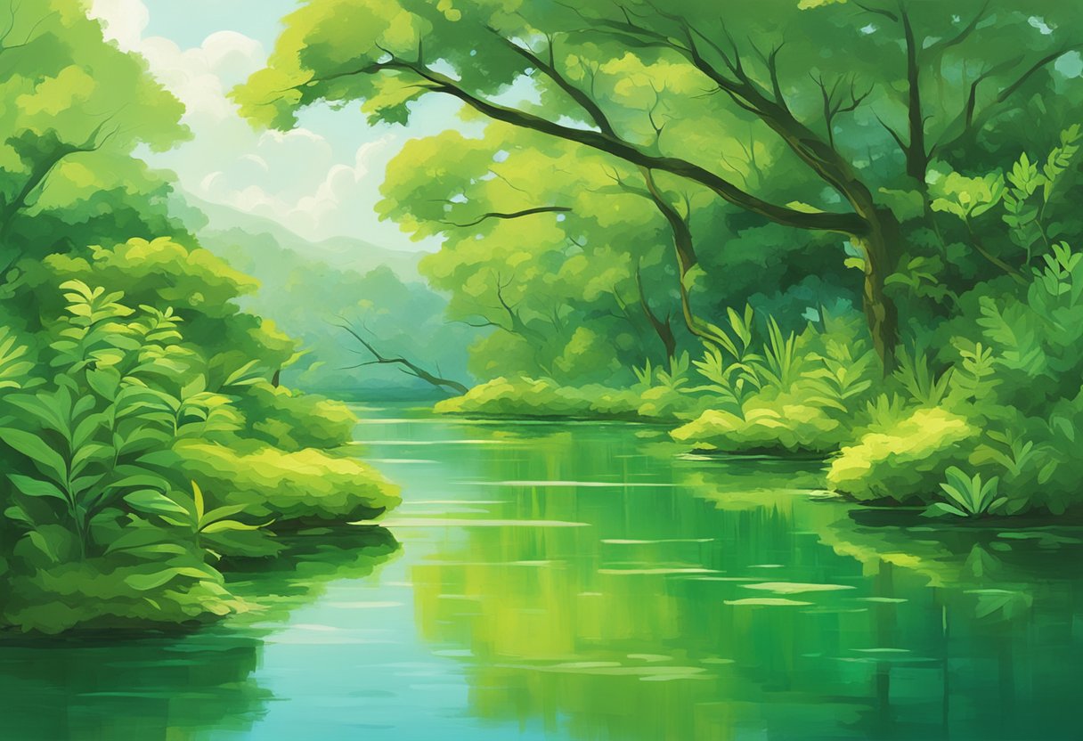 A serene, green environment with vibrant plants and clear water, symbolizing toxin-free living and cancer thriving