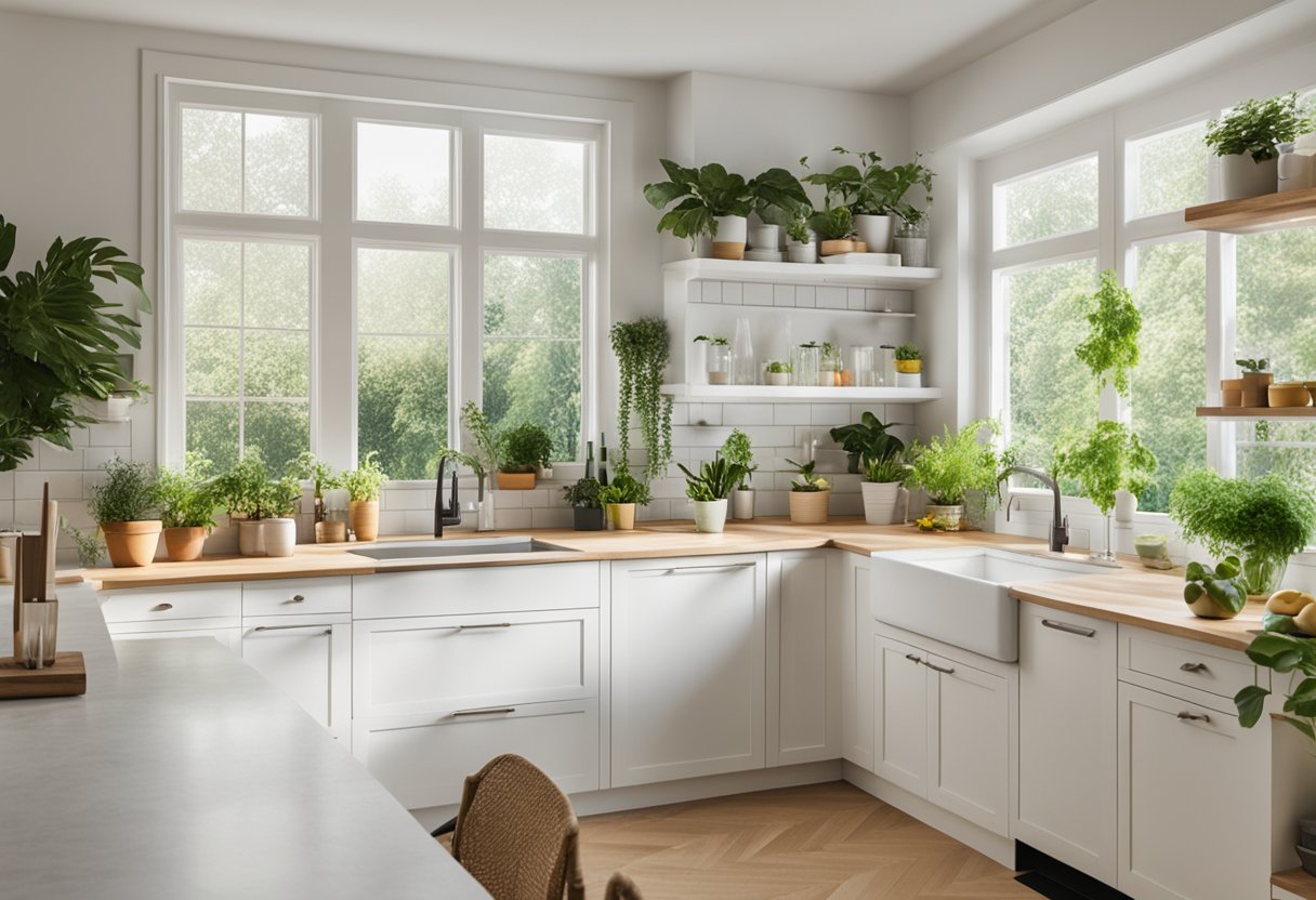 A sparkling clean kitchen with natural cleaning products, surrounded by lush green plants and open windows for toxin-free living
