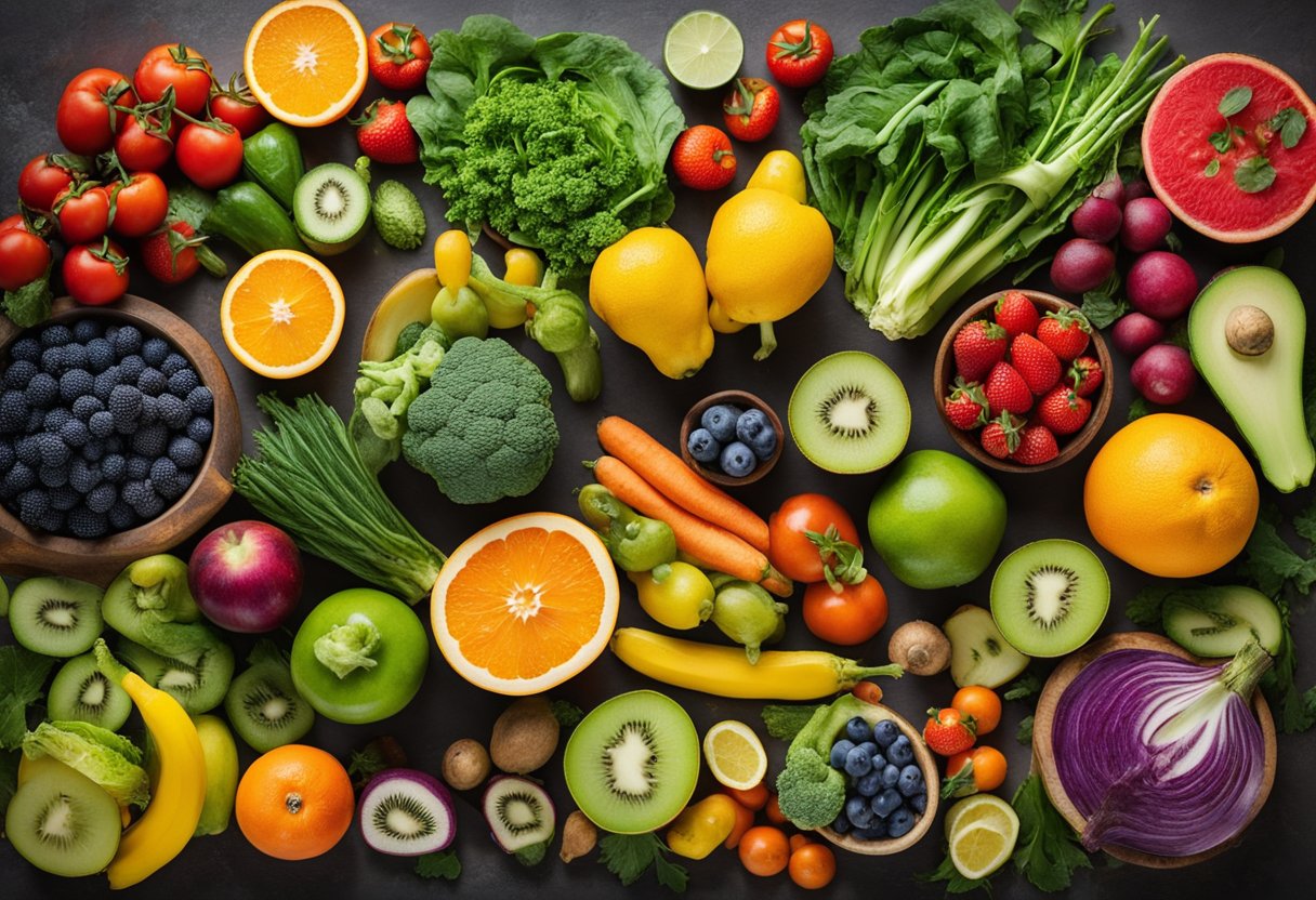 A vibrant array of organic fruits and vegetables, surrounded by natural supplements and detoxifying herbs, symbolizing the role of food in toxin-free living