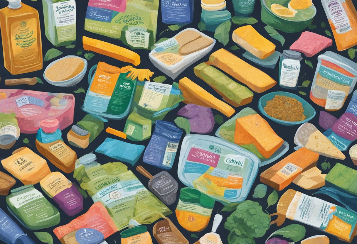 A table covered in toxin-free products with prominent labels and certifications. A cancer ribbon symbolizes thriving