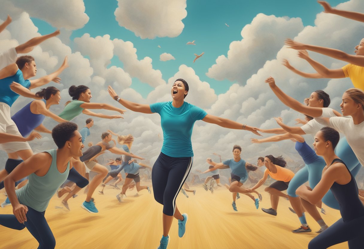 A person engaging in vigorous exercise, surrounded by supportive friends and family, with a sense of determination and positivity in the air
