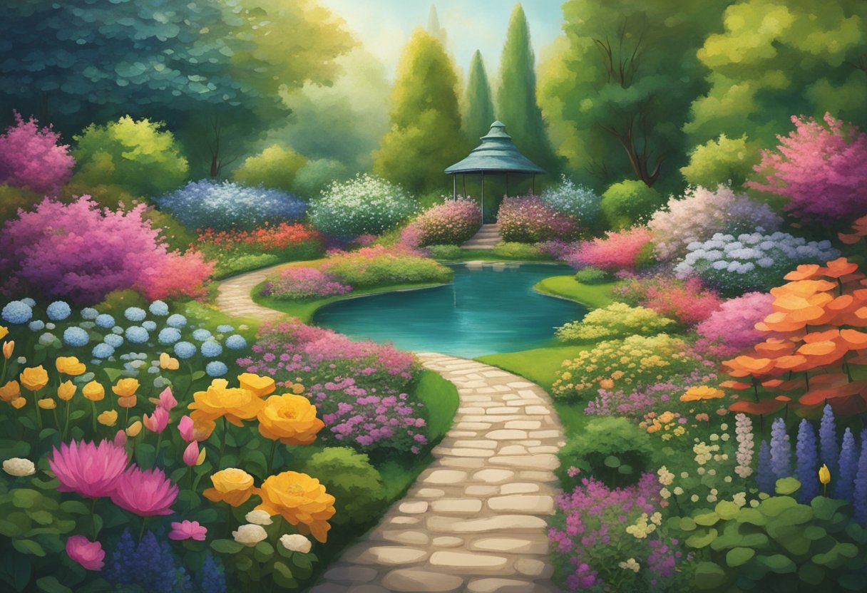 A serene garden with a winding path leading to a peaceful pond surrounded by vibrant flowers and lush greenery, symbolizing the mind-body connection and thriving despite cancer