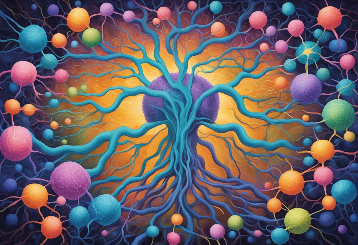 Vibrant cells pulsate, intertwining with neural pathways, symbolizing the powerful connection between mind and body in the face of cancer