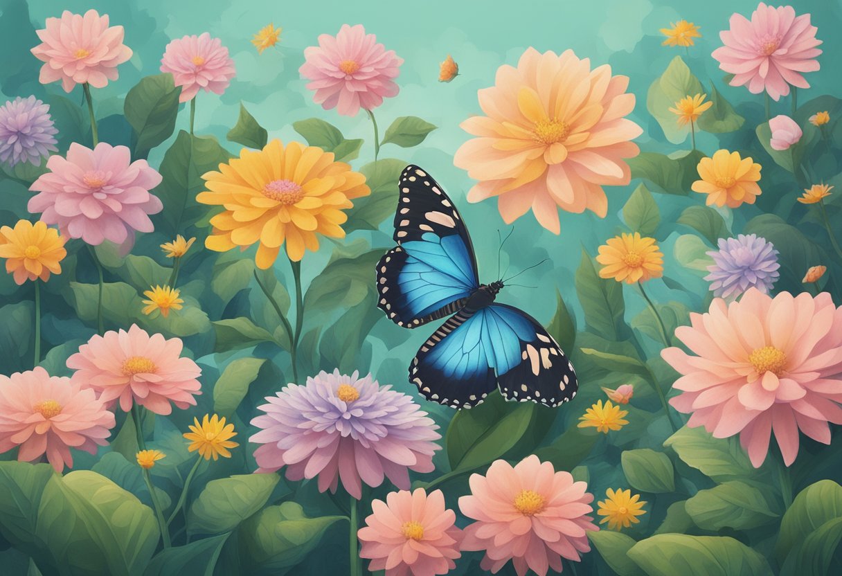 A serene garden with blooming flowers and a butterfly resting on a leaf, symbolizing resilience and hope in the face of loss and overcoming cancer