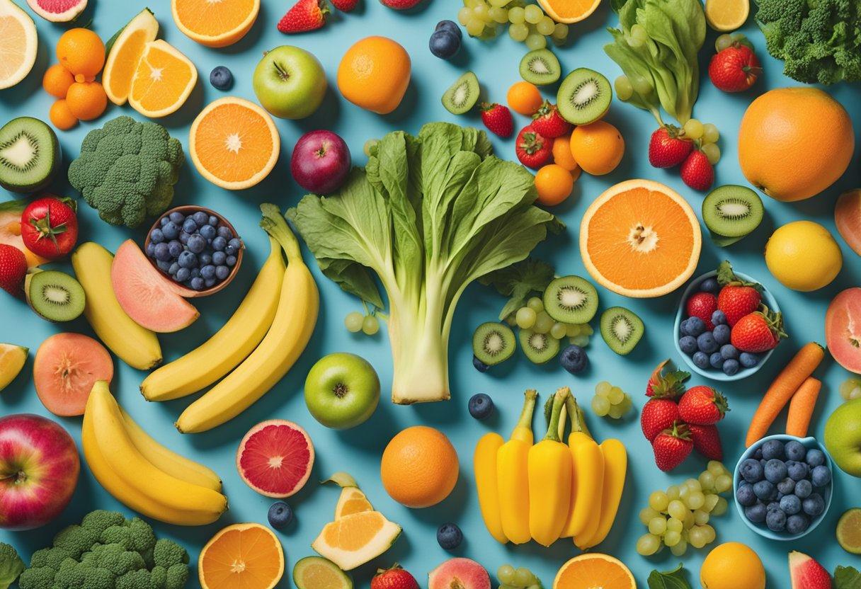 A vibrant plate of colorful fruits and vegetables surrounded by exercise equipment and a peaceful meditation space, symbolizing the mind-body connection in cancer management