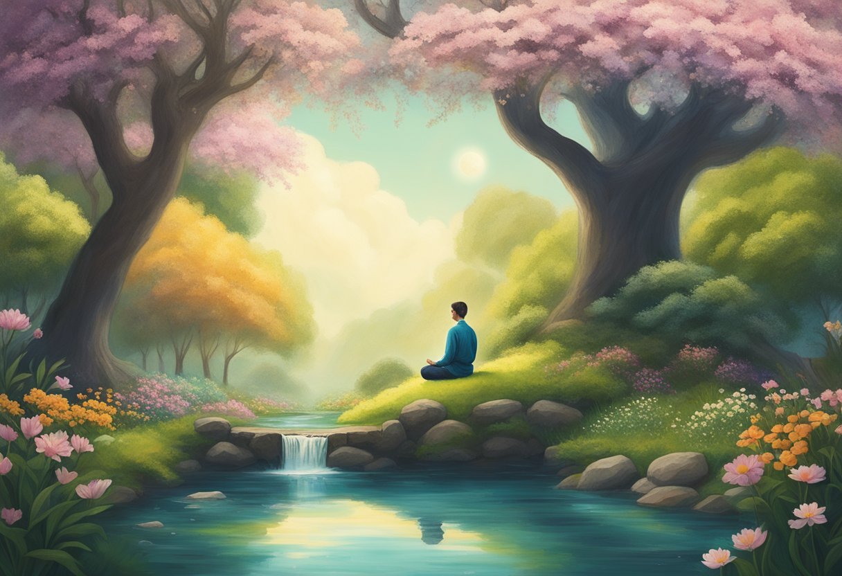 A serene garden with blooming flowers, a peaceful stream, and a person meditating under a tree, surrounded by a sense of calm and healing energy