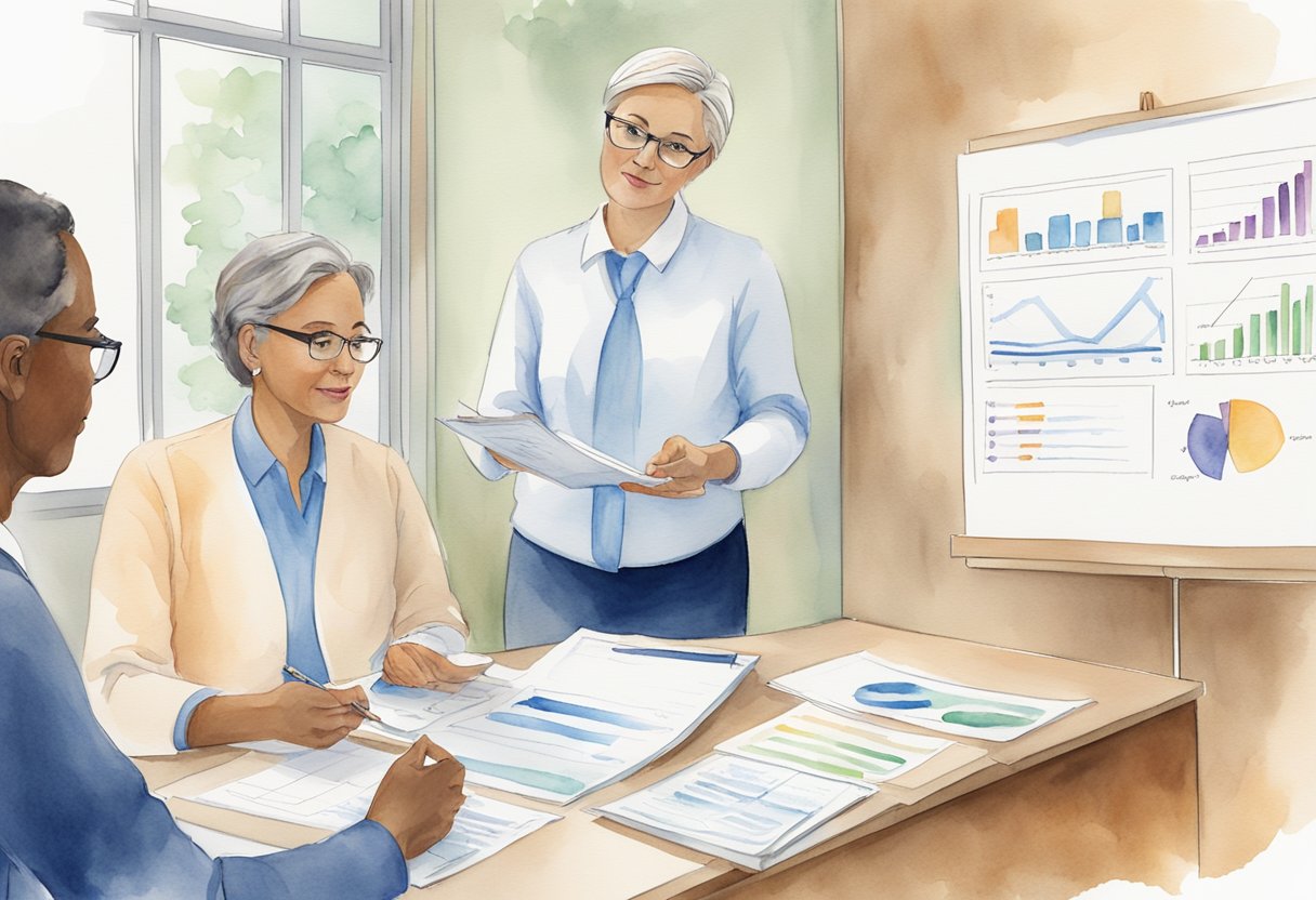 A genetic counselor discusses cancer risk management with a client, using charts and diagrams to explain prevention strategies