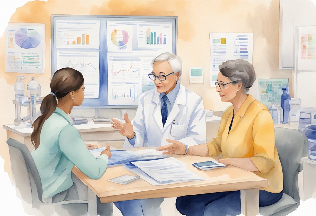 A genetic counselor discusses cancer prevention with a patient, surrounded by medical charts and genetic testing equipment