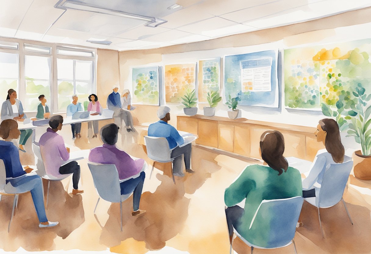 A group of people gathers in a bright, welcoming room. Charts and resources line the walls, offering support and information on genetic counseling and cancer prevention for patients and families