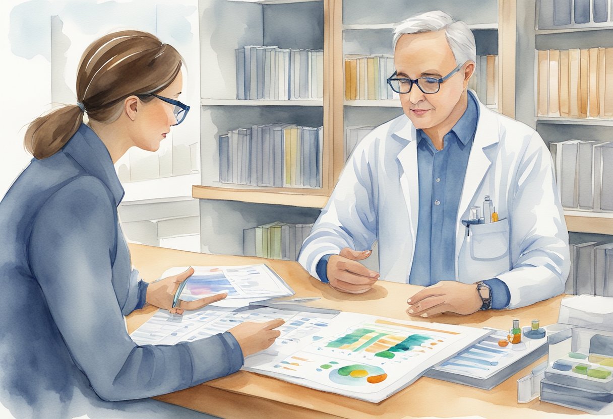 A genetic counselor discusses cancer prevention strategies with a client, using charts and diagrams to illustrate genetic insights