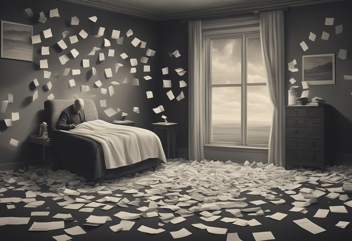 A lone figure sits in a dimly lit room, surrounded by scattered tissues and a journal. The weight of loss and the emotional toll of cancer recurrence is palpable in the air