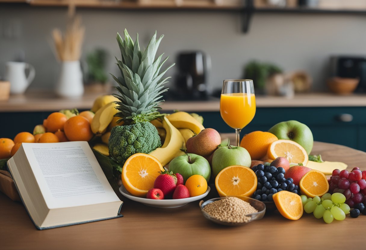 A table filled with colorful fruits, vegetables, and whole grains. A person holding a glass of fresh juice. A book on cancer survivorship in the background