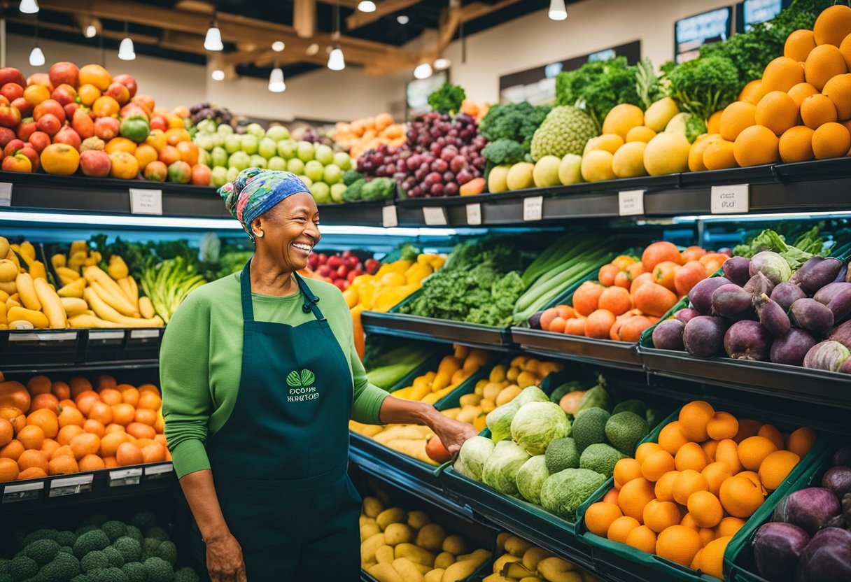 A vibrant, colorful array of fresh fruits and vegetables fills the shelves at Whole Foods. A cancer survivor smiles as they select organic produce for their nourishing, healing journey