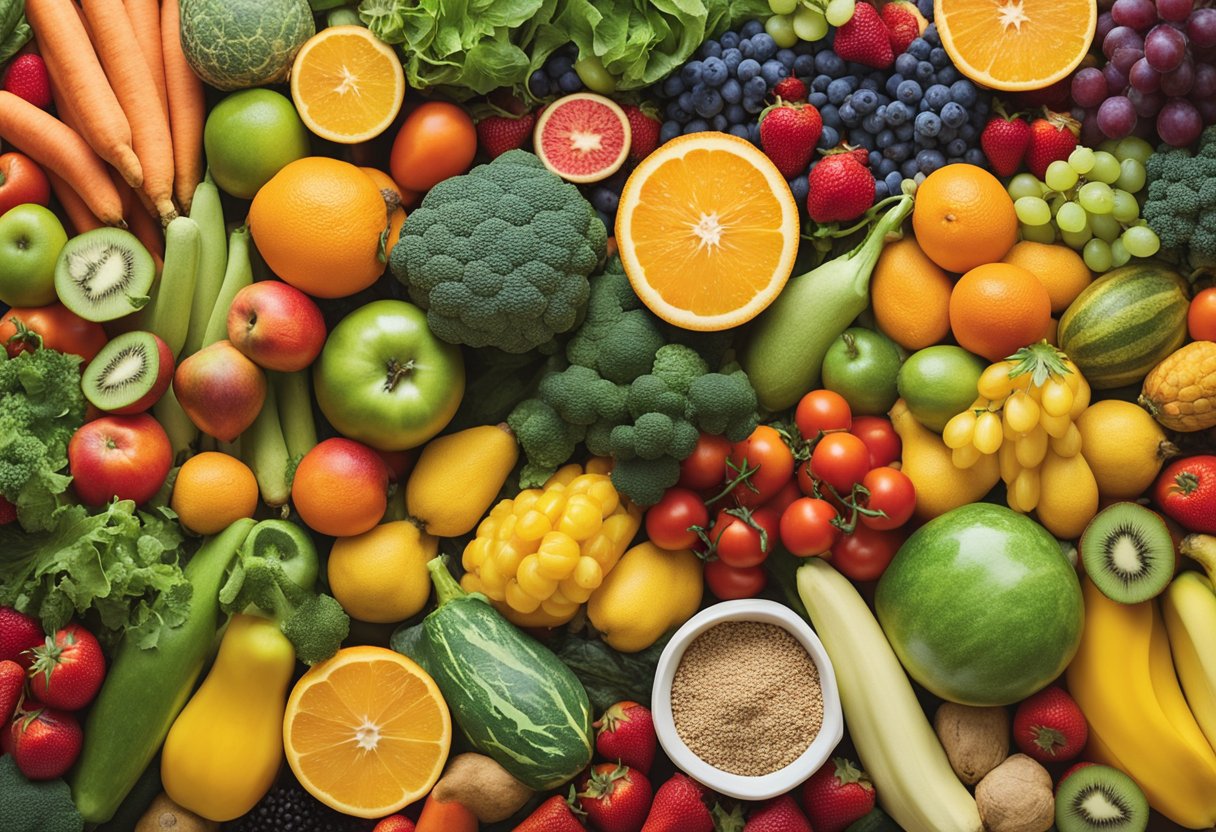 A colorful array of fresh fruits, vegetables, and whole grains, with a backdrop of supportive resources and guidance materials for cancer survivorship