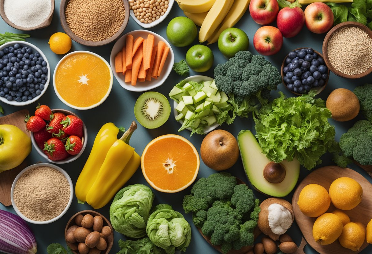 A colorful array of whole foods, such as fruits, vegetables, grains, and lean proteins, arranged on a clean, modern kitchen countertop