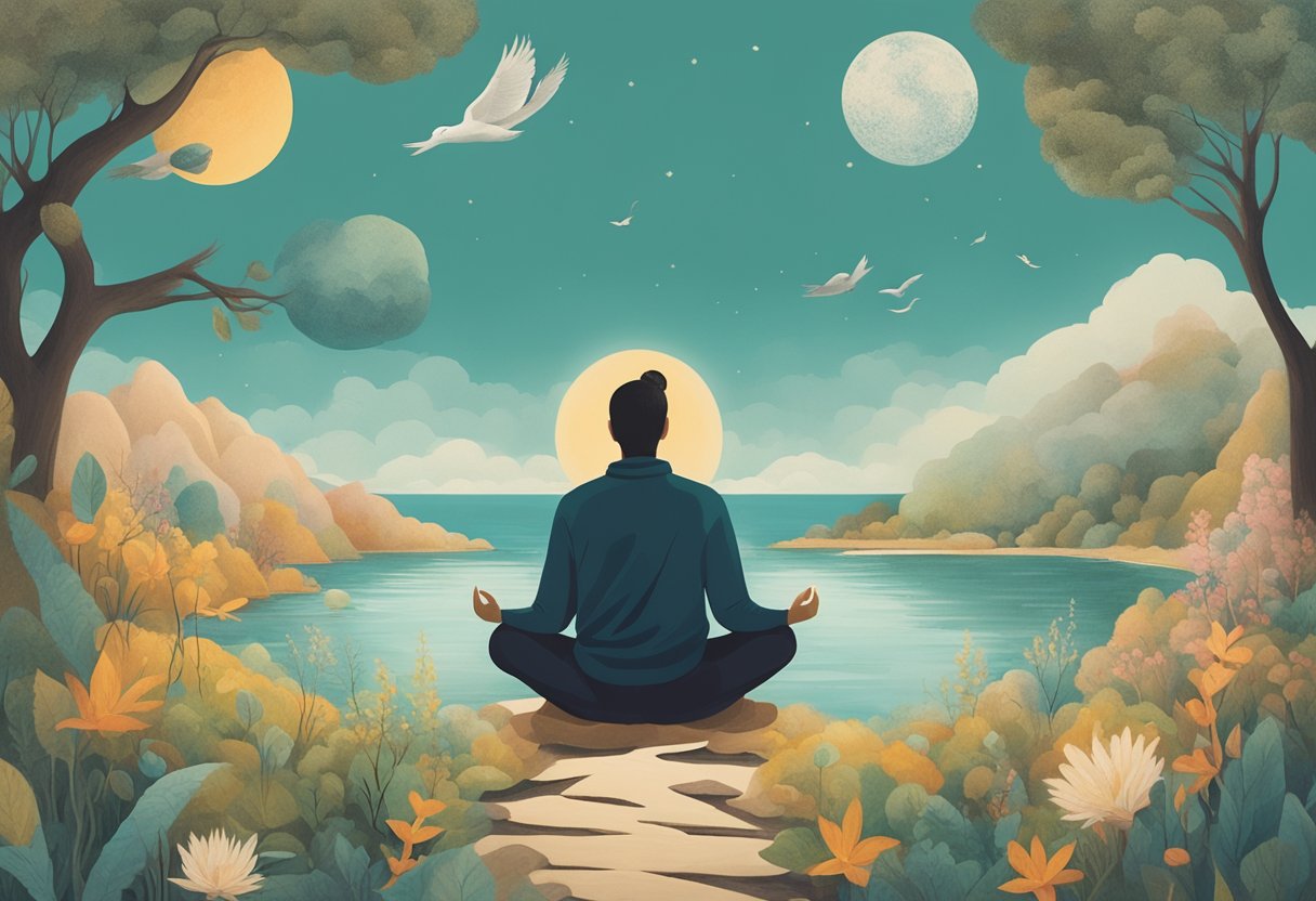 A person sitting in a peaceful, natural setting, surrounded by supportive friends and family. They are engaged in calming activities such as meditation or journaling, demonstrating resilience and strength in the face of loss and illness